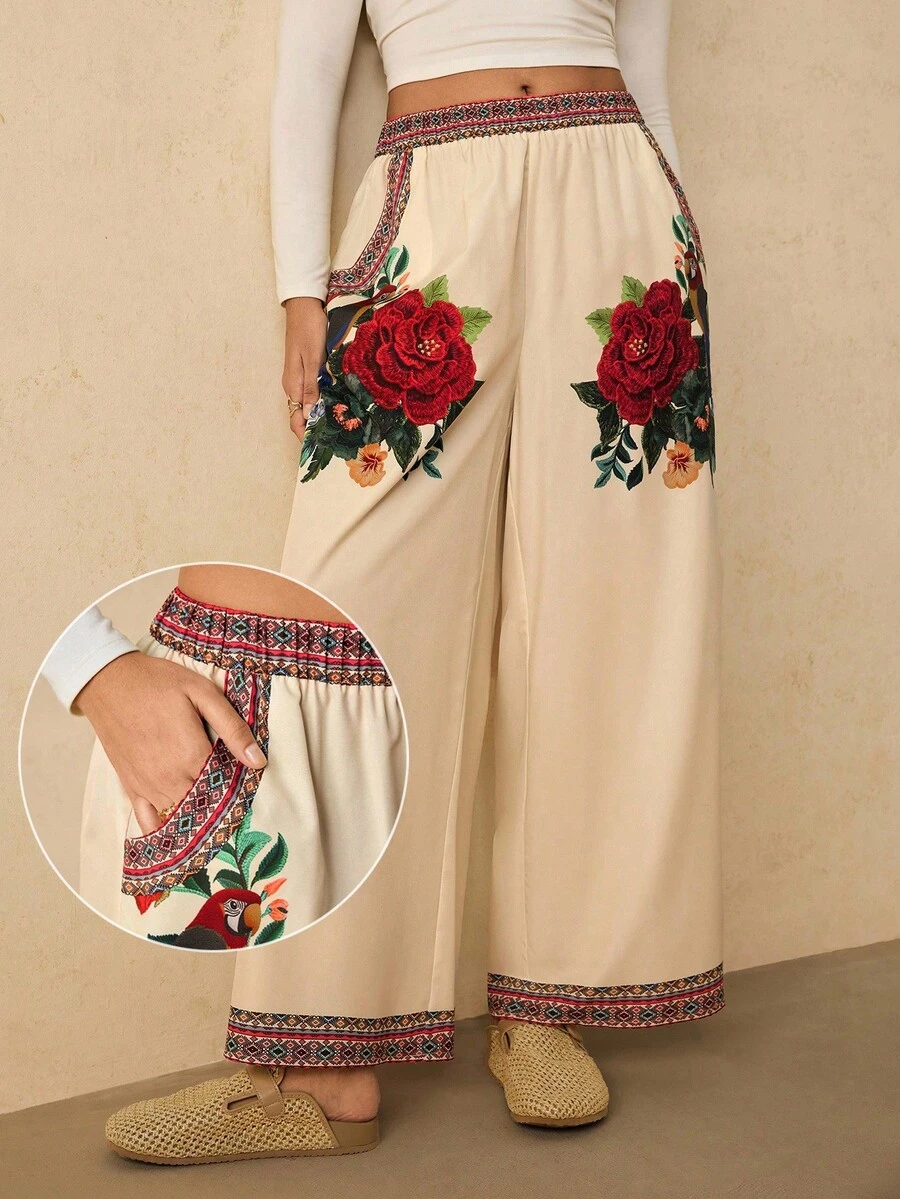 SHEIN VCAY Pantalon large à taille contrastée et imprimé floral pour femmes grandes tailles, confortable pour l'automne et l'hiver, idéal pour la plage - Multicolore - Voir 1