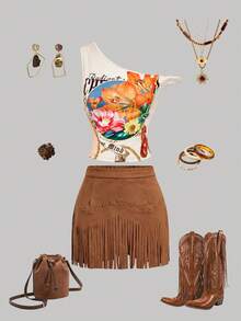 SHEIN MOD Women's Asymmetric Shoulder Vintage Floral Twist Front Top, , Clothes For New Year,Frenchy,Terrace Chill,Glamour,Chic Autumn,Fall New Style Women,Retro, Flower Top, One Shoulder Tops, Graphic Tops Women, Tropical Top,Vintage Inspired Floral Print One Shoulder Crop Top,
Chic Women's One Shoulder Sleeveless Floral Tank Top,
Elegant Floral Graphic Print Asymmetrical Neck Crop Top - Multicolor - View 3