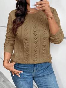 EMERY ROSE Suéter plus size casual de inverno elegante com estampa floral de malha e gola redonda, adequado como camada de base ou agasalho para trabalho, compras, férias, festas, festivais de música, uso em casa, eventos de volta às aulas e como presente. - Caqui - Ver 3