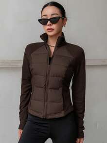 DAZY Áo khoác đệm dáng ôm, cổ đứng, vải chắp vá, tay dài, hở phía trước, thường ngày cho nữ - màu nâu - Xem 4