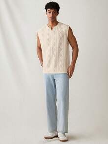 SWAVVY 男士针织休闲宽松无袖上衣，时尚百搭，适合日常穿着 - 杏色 - 查看 5