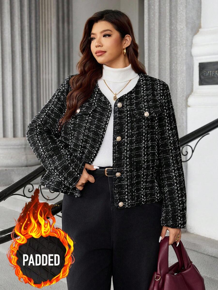 Easura Plus Size Women Plaid Long Sleeve Metal Single-Breasted Round Neck Casual Winter Jacket - Black - View 1