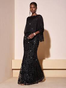 Zivah 2025 Autumn/Winter New Music Festival, Easter, St. Patrick's Day, Western, Nomadic, Birthday Party, Graduation, College Style, Student, Daily Wear, Basic Versatile, Casual, Vacation, Cruise Travel, Beach, Sunbathing, Viral , Streetwear, Wedding Guest Boho, Commute, Brunch, Airport, Party, Holiday Outing, Elegant Gala Round Neck Mesh Sleeve Slip Dress, Long Dress, Black Sequin Dress - Black - View 1