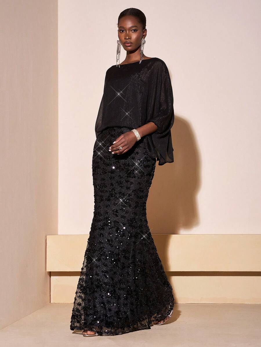 Zivah 2025 Autumn/Winter New Music Festival, Easter, St. Patrick's Day, Western, Nomadic, Birthday Party, Graduation, College Style, Student, Daily Wear, Basic Versatile, Casual, Vacation, Cruise Travel, Beach, Sunbathing, Viral , Streetwear, Wedding Guest Boho, Commute, Brunch, Airport, Party, Holiday Outing, Elegant Gala Round Neck Mesh Sleeve Slip Dress, Long Dress, Black Sequin Dress - Black - View 1