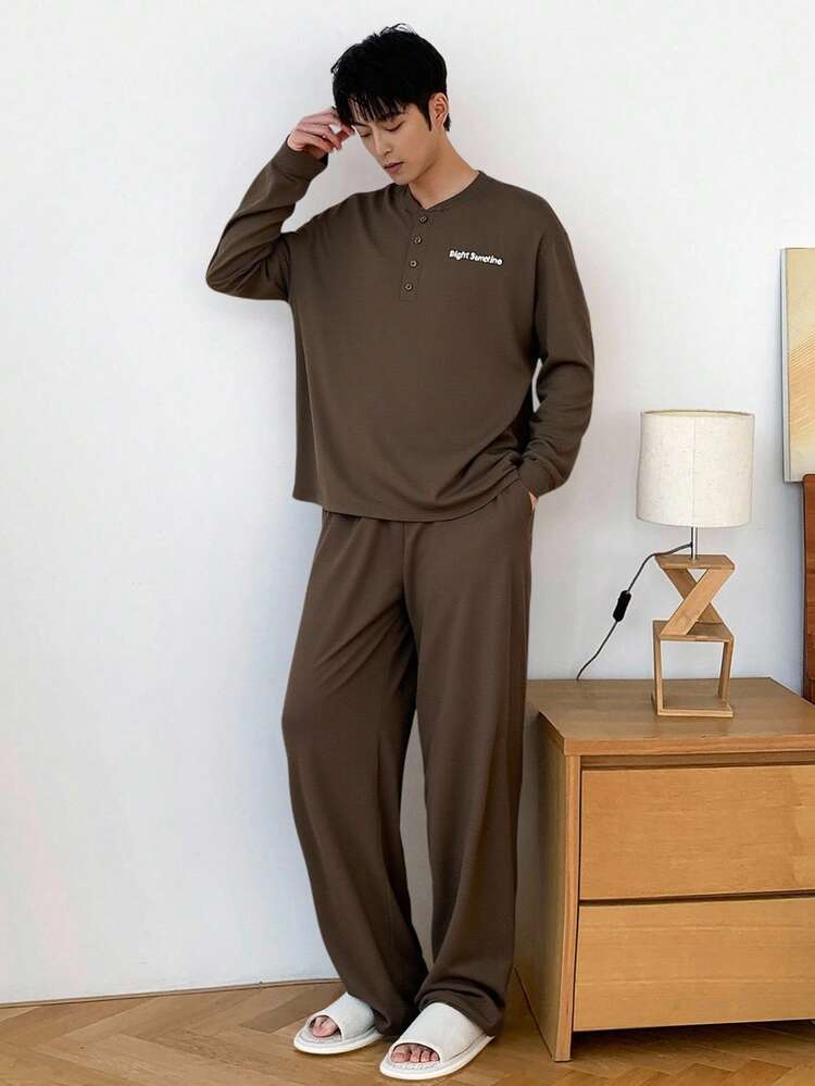 Men's Solid Color Letter Print Half-Button Design Top & Elastic Waist Loungewear Set, Autumn, Fall & Winter Clothes