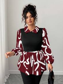 Elenzga Plus Size Women's Fashion Casual Contrast Color Print Long Sleeve Shirt - Red - View 5