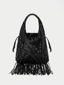 SHECARRY Bolso de mano con flecos y lentejuelas para mujer - Negro - Ver 7