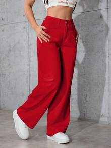 SHEIN PETITE Quần jean ống đứng dáng rộng màu trơn thường ngày có đai thắt lưng cho nữ - Đỏ - Xem 4