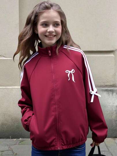 Tween Girls' Casual Cute Korean Style Bow Print Lightweight Jacket, Suitable For Back To School, Graduation Season