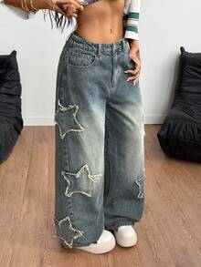 Coolane Tween Girls  Fall/Winter,Warm/ Cold Weather/ Thermal,Streetwear Rapper Comfortable Athleisure Grunge Star Pattern Washed Comfortable  Jeans,Christmas, Clothes For New Year,Thanksgiving - Blue - View 3