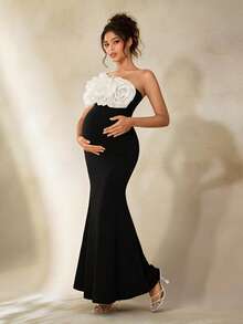 Cheriluna Maternity 浪漫优雅3D立体花卉高弹力面料孕妇写真礼服，正式礼服/优雅派对礼服/黑色礼服/碎花礼服 - 彩色 - 查看 4