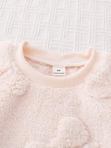 2件套少女可爱简约舒适针织圆领蓬松粉色长袖上衣和裤子睡衣套装带蝴蝶结图案 - 杏色 - 查看 5