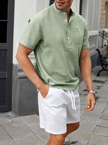 Manfinity CasualCool 2pcs Set Men Green Short Sleeve Shirt & White Shorts With Pocket - Green - View 4