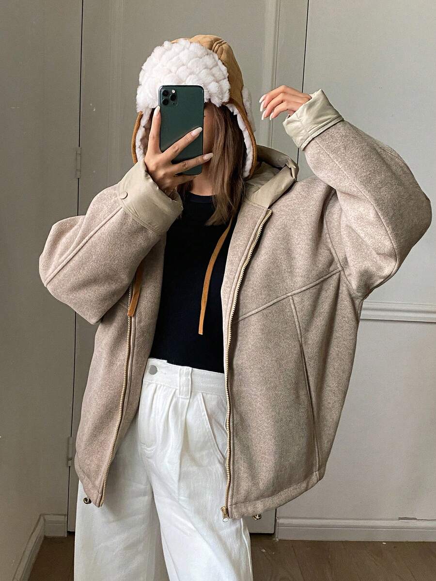 DAZY Áo khoác mùa đông nữ tay dài màu trơn có khóa kéo phía trước thường ngày có mũ trùm đầu - Màu Khaki - Xem 1