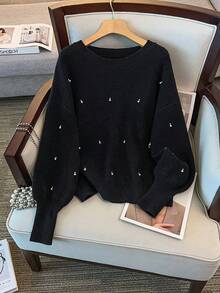 GlowEve CURVE 女士优雅宽松珠饰长袖加大码毛衣，适合婚礼宾客，女士夜间外出装，秋冬季 - 黑色 - 查看 3