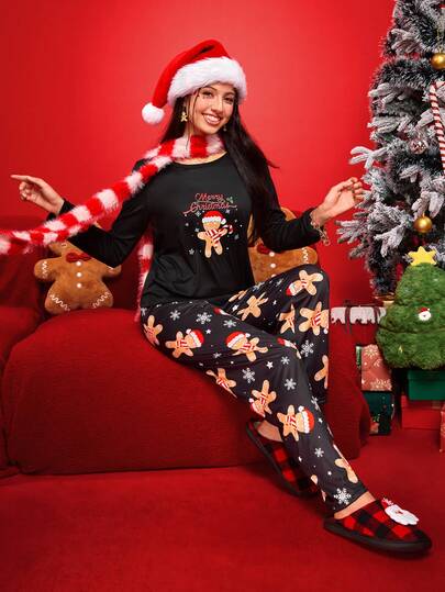 Women's Gingerbread Print Crew Neck Long Sleeve Top & Pants Casual Pajama Set, Christmas, Fall & Winter Clothes