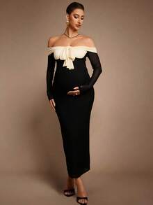 MaterniChic Vestido de maternidad elegante para fiesta con bloques de color y hombros descubiertos