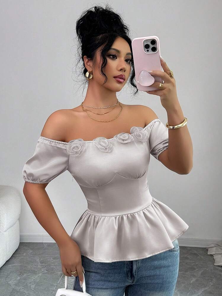 Women's Off Shoulder Satin Blouse With Floral Decor, Short Sleeve, Elegant For Summer