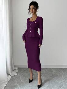 Elenzga 优雅开衫 + 修身短裙 女式毛衣 2 件套 - 中紫紅色 - 查看 6