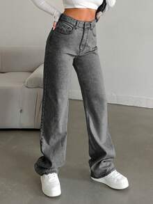 EURMUSE 100%Cotton Straight Leg Jeans Snow Wash - Grey - View 5