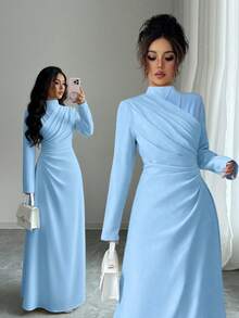 Firerie Robe longue élégante pour femmes, col rond, taille froncée, style A, manches longues, couleur unie, idéale pour le bureau, les déplacements, les vacances, les fêtes, le style rétro d'enseignante. Robe bleu clair, robe col montant, robe plissée style A, vêtements printemps automne hiver. Élégante, déplacements, rendez-vous, fête, mariage, remise de diplôme, soirée, tenue de travail, rentrée scolaire, fête annuelle, robe d'anniversaire pour femme