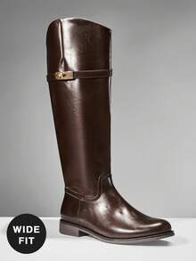 SHUZIA 女式宽筒光滑仿皮金色金属配件时尚牛仔及膝马靴 - 棕色 - 查看 5