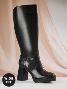 SHUZIA 女式宽筒时尚舒适粗跟及膝靴，带金属扣装饰 - 黑色 - 查看 3