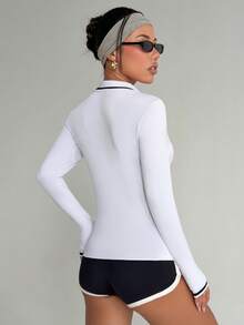 Dewbera 女士瑜伽健身户外长袖撞色 Polo 领衬衫 - 白色 - 查看 2