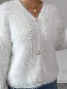 Elenzga 女士优雅仿皮草开衫，珍珠V领圣诞派对舒适V领秋冬毛绒奢华针织毛衣，白色 - 白色 - 查看 8