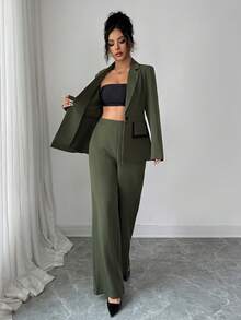 Elenzga 女士优雅通勤军绿色翻领仿口袋设计黑色纽扣装饰长袖修身西装外套 + 女士优雅通勤军绿色修身直筒裤 - 軍綠色 - 查看 7