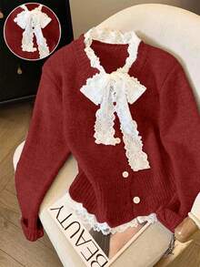 Franclia Cardigan lavorato a maglia con lacci, stile loose, ispirato alle fashion blogger, stile europeo chic - Rosso - Visualizzare 7