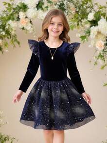 SHEIN Glamorique Kids Young Girls Round Neck Cap Sleeve Shiny Elegant Ruffle Hem Dress - Navy Blue - View 5