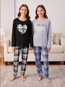 SHEIN 4pcs Girls Letter Print Long Sleeve Top + Plaid Pants Casual Homewear Set - Multicolor - View 3