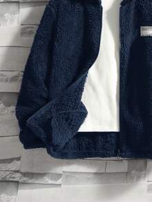 SHEIN Tween Boy Hooded Thermal Lined Zip-Up Jacket, Comfortable Thicker Outerwear - Navy Blue - View 3