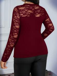SHEIN Lady 2025新款春夏秋冬蕾丝酒红色针织圆领长袖撞色网眼大码T恤，万圣节时尚系列，圣诞节冬季女装 - 酒紅色 - 查看 2