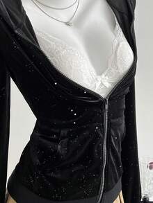 SHEIN Unity 女士黑色丝绒卫衣，闪光面料，修身显瘦，连帽长袖，休闲通勤，秋冬季 - 黑色 - 查看 5