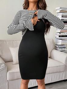 SHEIN 2pcs Maternity Casual Striped Sleeveless Top And Nursing Dress Set, Autumn