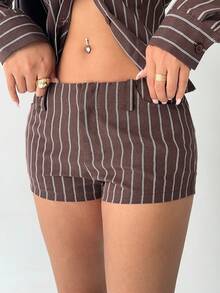Aloruh 棕色条纹音乐节年轻女士休闲条纹超低腰迷你短裤 - 棕色 - 查看 5
