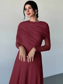 Firerie Elegante vestido maxi ajustado con cuello drapeado, volantes asimétricos en la cintura y color amarillo sólido romántico para mujeres - Burdeos - Ver 7