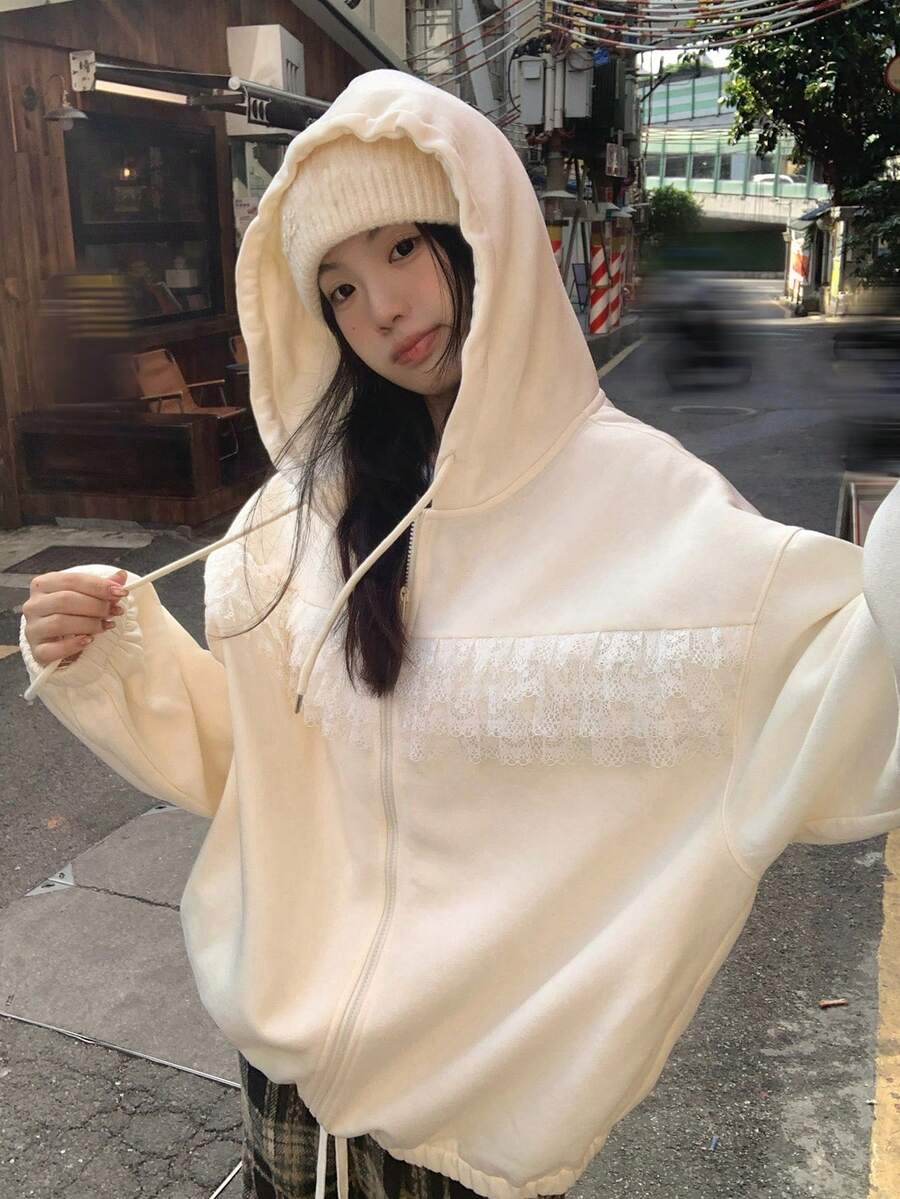 DAZY Women's Lace Patchwork Hooded Casual Sweatshirt Sweatshirt Hoodies - Beige - View 1