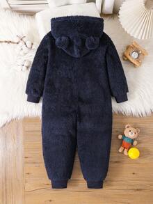 SHEIN Macacão infantil casual e confortável de lã com capuz e zíper, estampa de urso, adequado para escola, jardim, praia, aniversário, primavera, verão, outono, inverno - Azul marinho - Ver 2