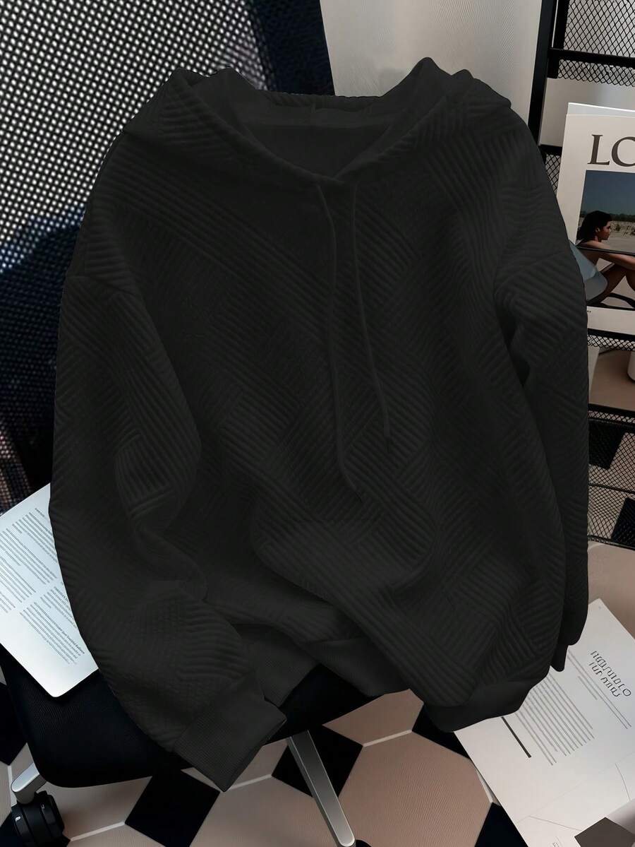GlowEve 女士纯色落肩长袖休闲抽绳卫衣,秋冬款 - 黑色 - 查看 1