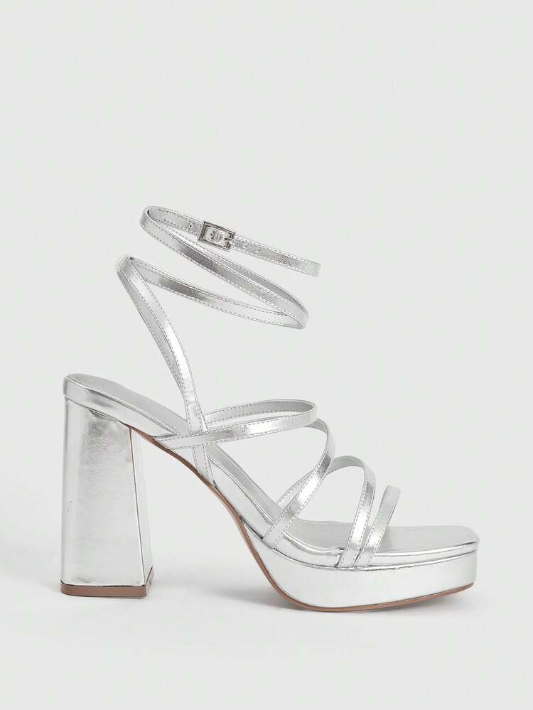 CUCCOO LuxiPop Silver Thick Sole Buckle Design Fashion High Heel Sandals, Suitable For Music Festivals, Halloween, Christmas, Party, Nightclub