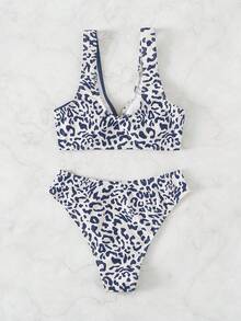 SHEIN Swim 2025 Women's Summer Beach Leopard Print Splice Circular Ring Sexy Bikini Swimsuit Set (Random Print) - Blue and White - View 5