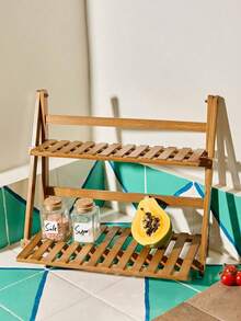 Cirelle 1pc Bamboo Kitchen Storage Rack, Foldable Desktop Organizer Shelf, Small Multi-Purpose Household Storage Rack - View 2