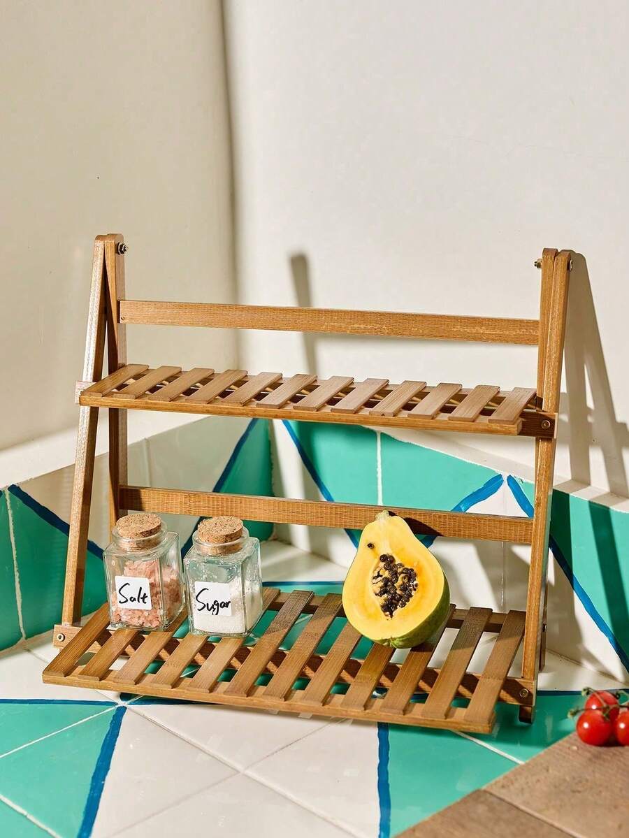 Cirelle 1pc Bamboo Kitchen Storage Rack, Foldable Desktop Organizer Shelf, Small Multi-Purpose Household Storage Rack