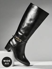 SHUZIA Giày bốt cao đến đầu gối đế vuông thời trang thoải mái có khóa cài dành cho nữ - màu đen - Xem 2