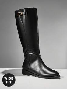 SHUZIA 女士宽筒舒适厚底过膝长靴，配有可调节搭扣，适合圣诞节、情人节等节日穿着，宽楦设计 - 黑色 - 查看 4