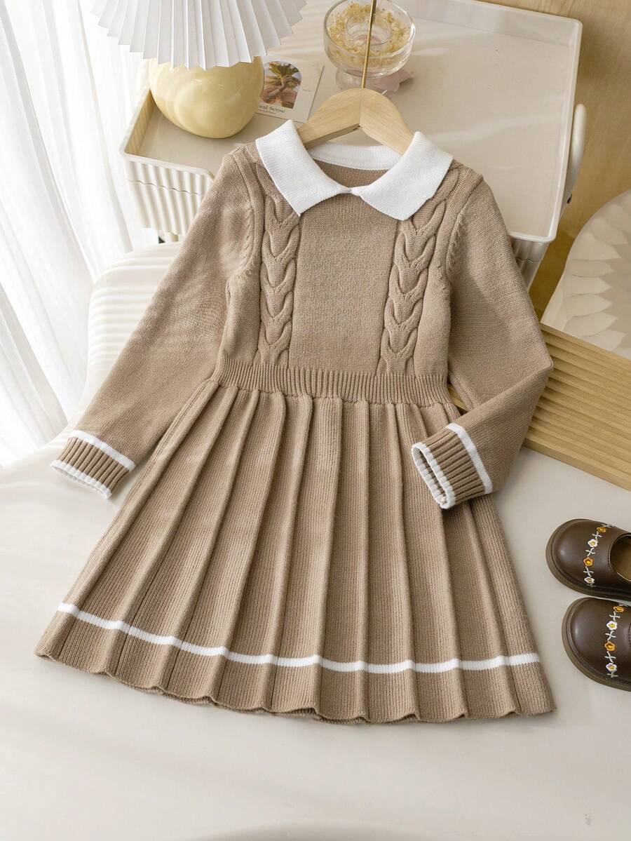 Elladie kids 少女海军蓝毛衣裙,全新秋冬系列,学院风,公主风,海军蓝和白色撞色,适合各种场合:居家、外出、上学 - 駝色 - 查看 1