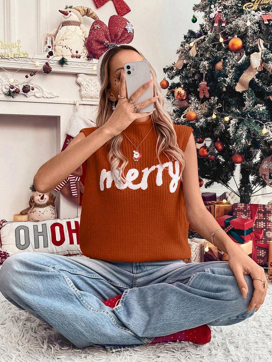 SHEIN LUNE Rompi Sweater Tanpa Lengan Warna Merah dengan Bordir Huruf untuk Wanita, Cocok untuk Pakaian Tahun Baru. - Jeruk - View 1